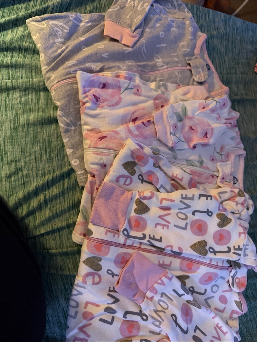 Girls Pink Floral and Love-Print Zipper Footed Pajamas - Pack